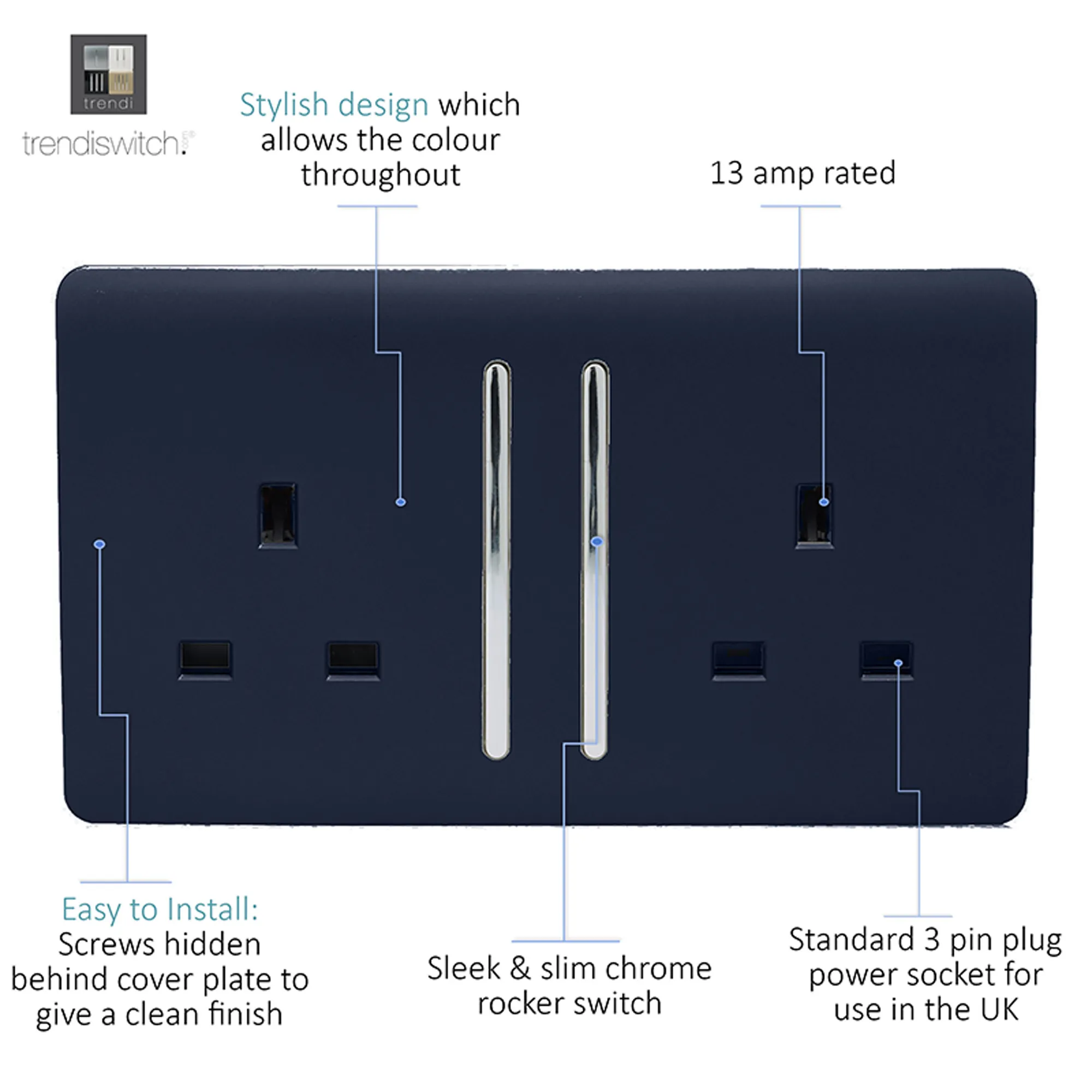 2 Gang 13Amp Long Switched Double Socket Navy Blue ART-SKT213LNV  Trendi Navy